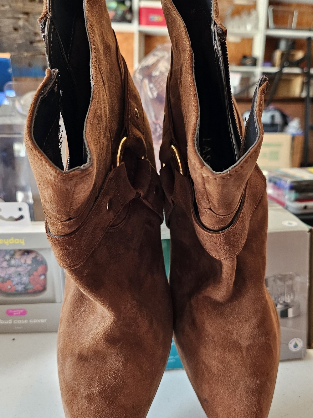Women's Brown Suede Ankle Booties with Decorative Buckle